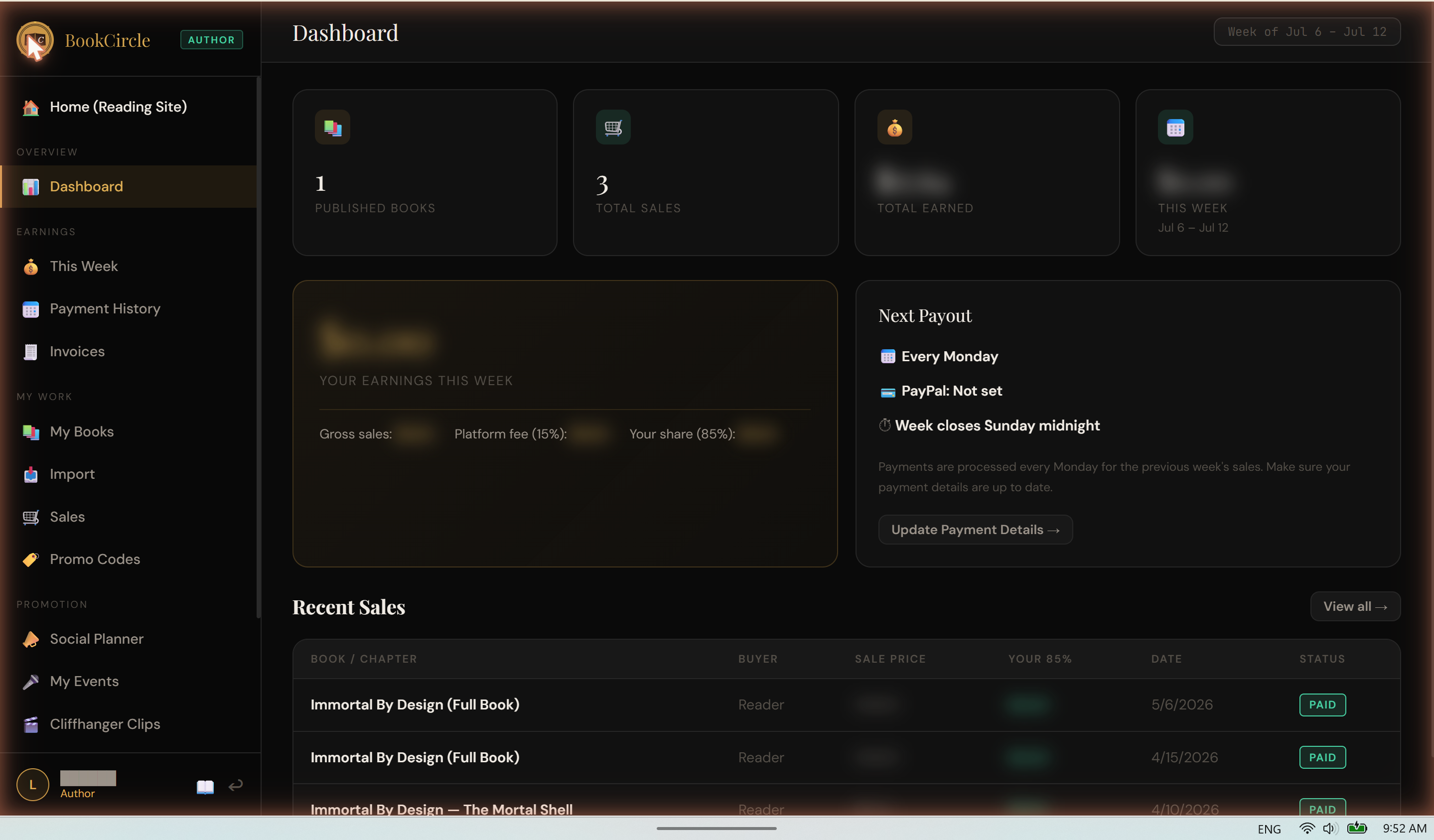 Author Dashboard — earnings snapshot and recent sales